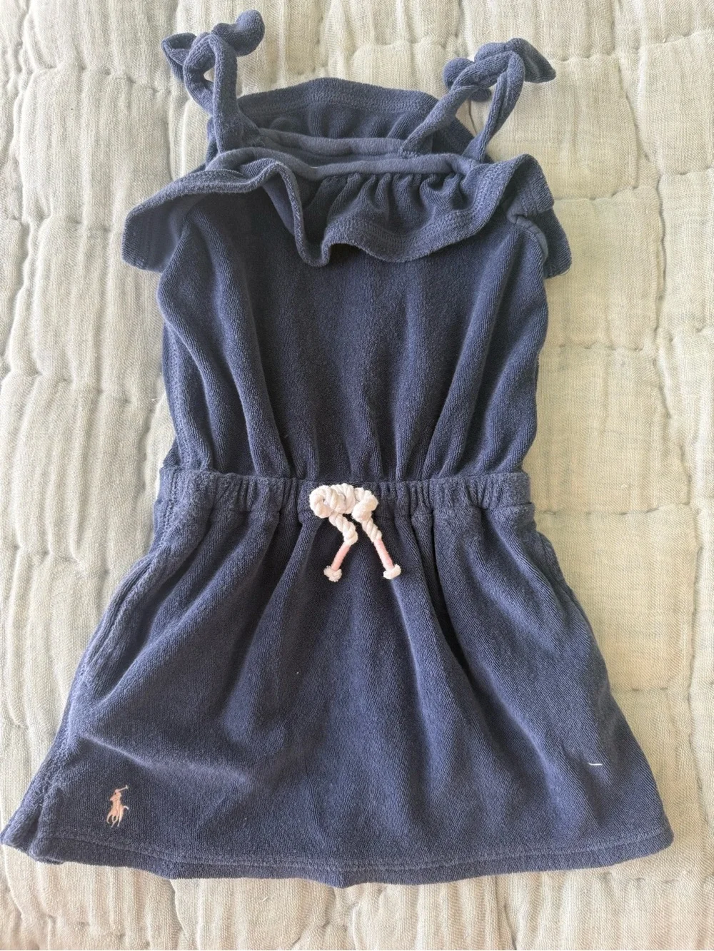 Ralph Lauren Navy Blue Kids Terry Swim Coverup with Pink Tie